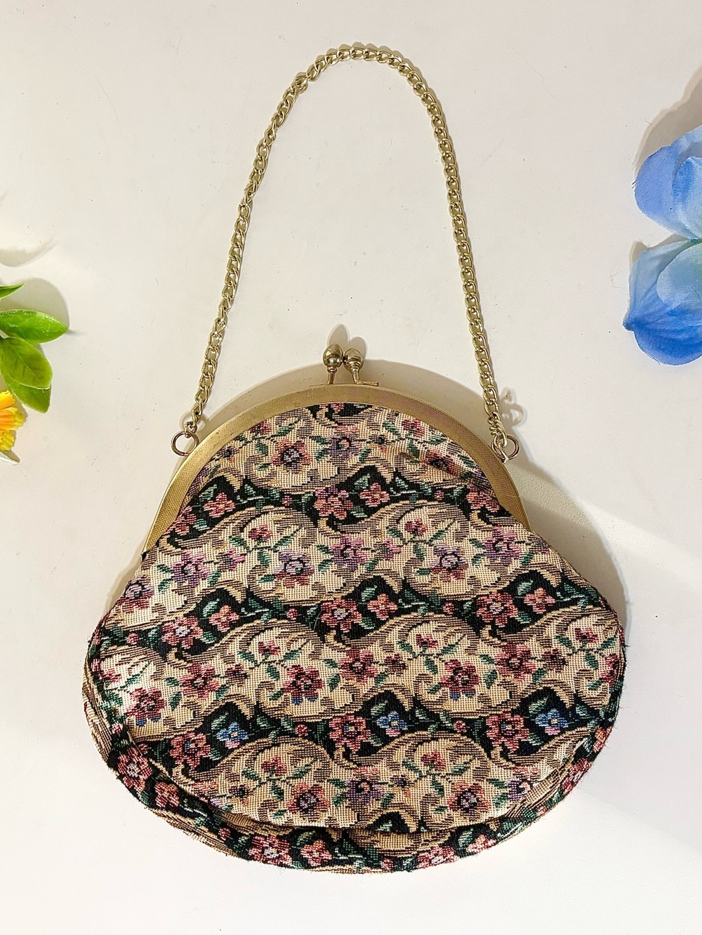 Vintage Floral Tapestry Purse Evening Handbag Chain Strap-Antique MCM Clutch Bag